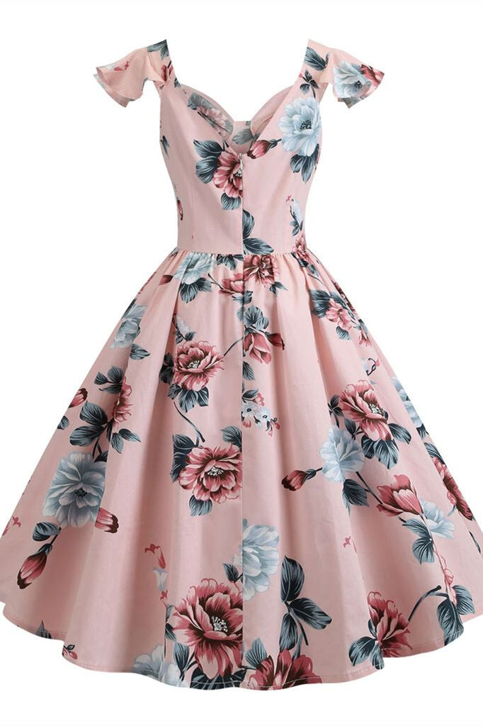 1950s Vintage Flutter Sleeves Pink Floral Dress