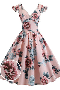 1950s Vintage Flutter Sleeves Pink Floral Dress