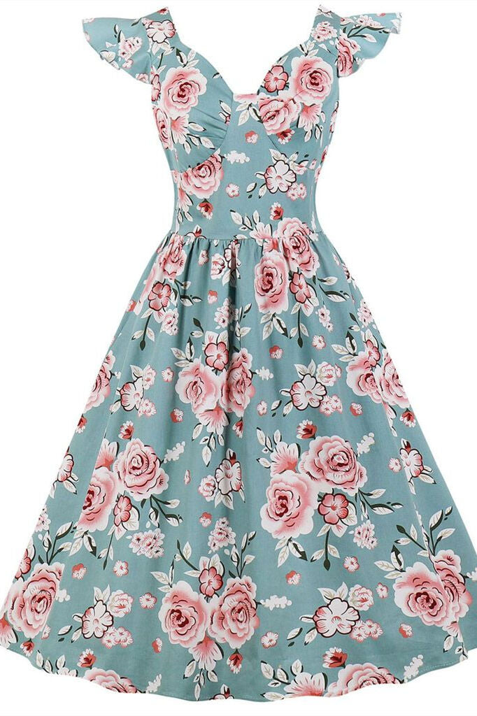 1950s Vintage Flutter Sleeves Blue Floral Dress