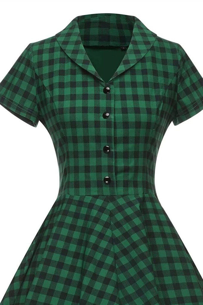 1950s Vintage Plaid Green Dress