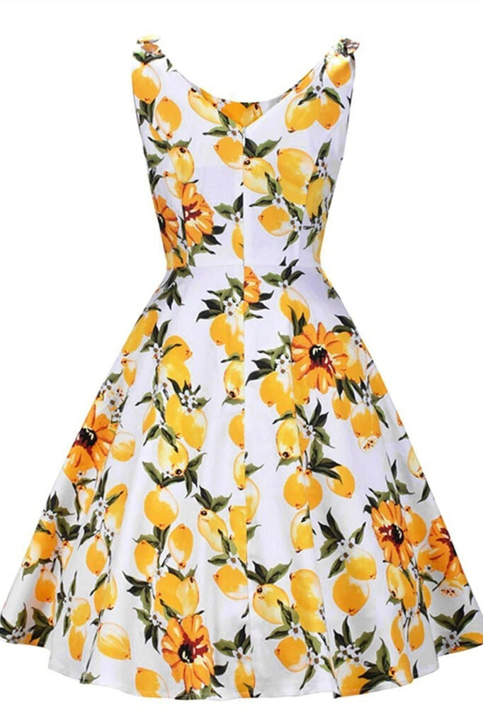 1950s Vintage White and Yellow Lemon Dress