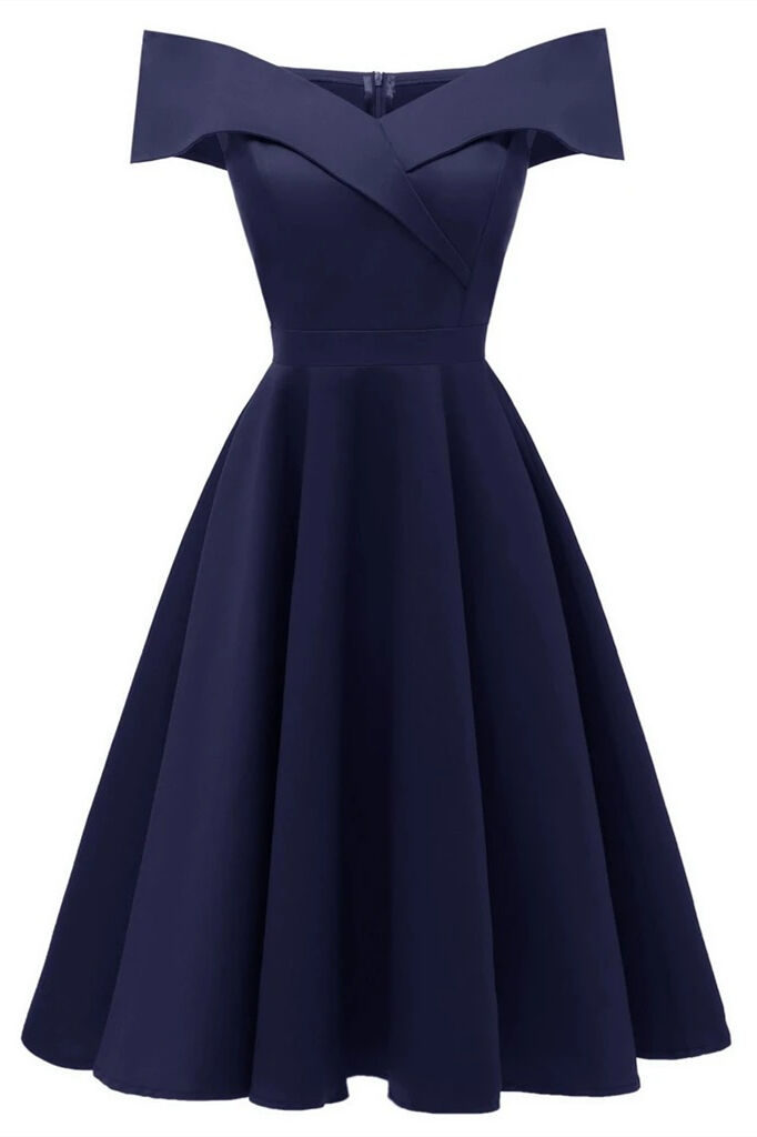 1950s Vintage Off the Shoulder Bark Blue Swing Dress