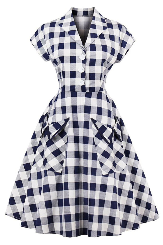 1950s Blue and White Pockets Plaid Dress