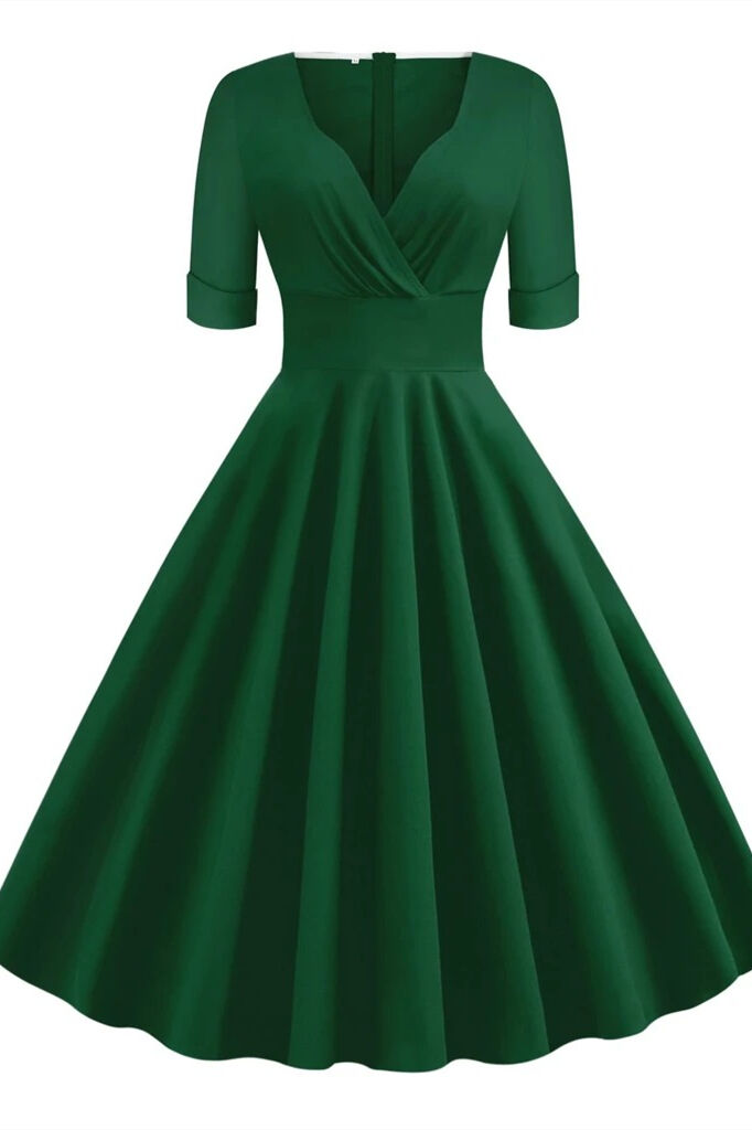 1950s Dark Green Wrap Swing Dress