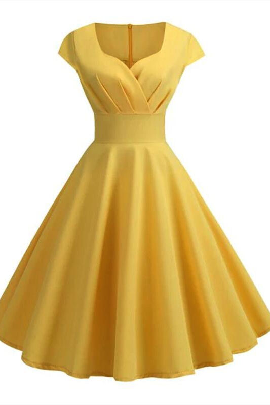 1950s Yellow Pleated Warp Swing Dress