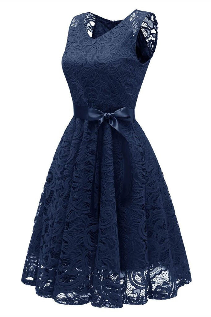 1950s Navy Blue Lace Floral Swing Dress
