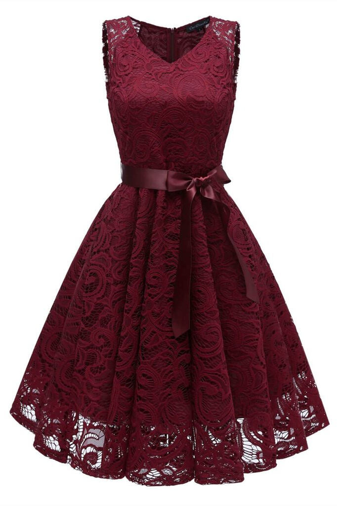 1950s Wine Red Lace Floral Swing Dress