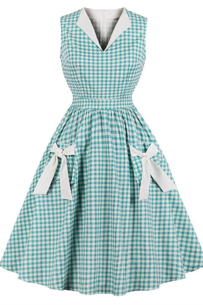 1950s Green Plaid Pockets Swing Dress