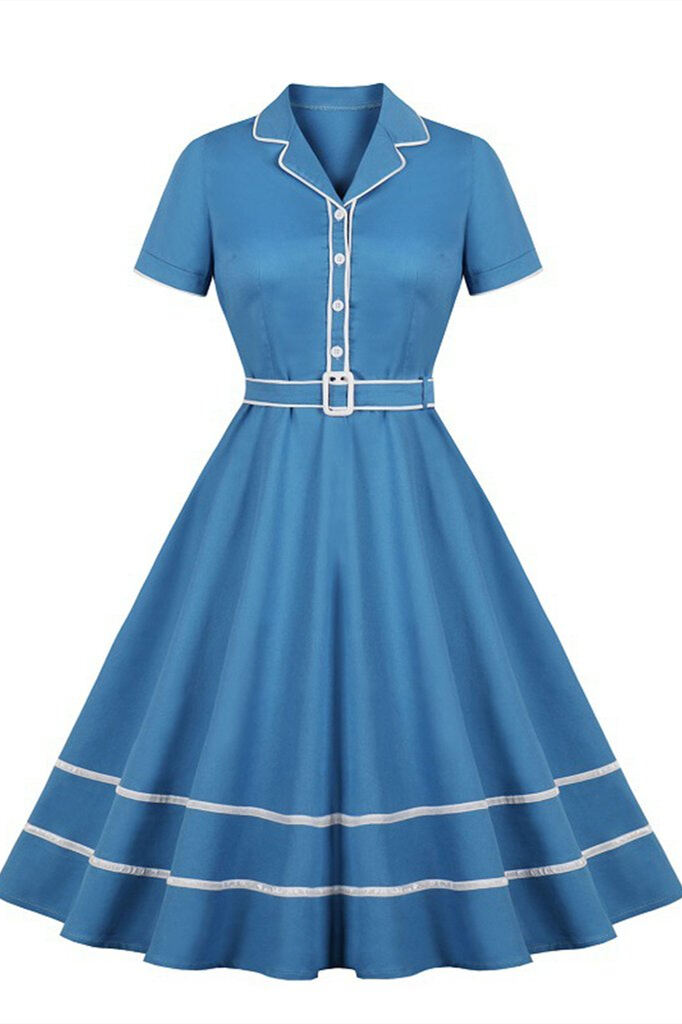 1950s Blue Belt Swing Dress