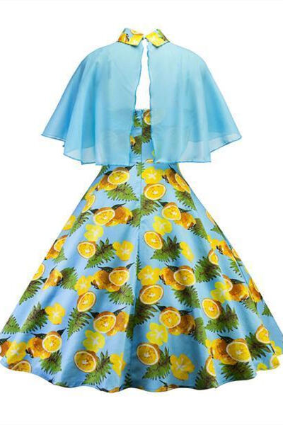 1950s Blue Patchwork Lemon Swing Dress