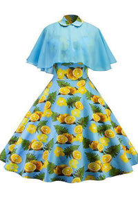 1950s Blue Patchwork Lemon Swing Dress