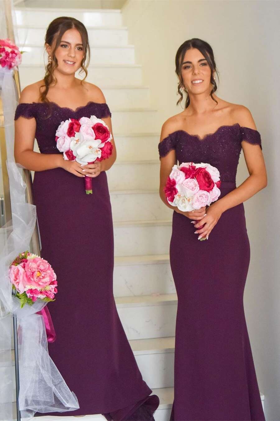 Off Shoulder Mermaid Long Bridesmaid Dress with Lace