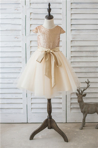Sparkly Gold Sequins Flower Girl Dress with Sash