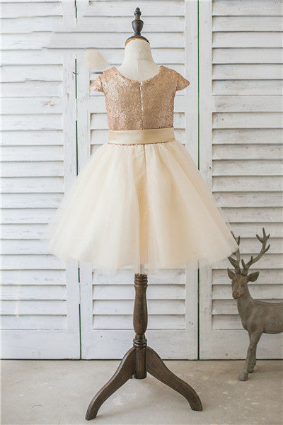 Sparkly Gold Sequins Flower Girl Dress with Sash
