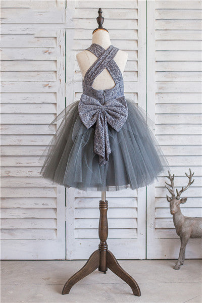 Ball Gown Halter Grey Flower Girl Dress with Bow