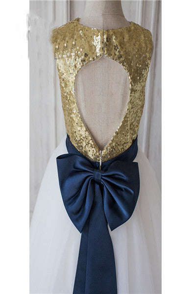 Gold Sequins A Line Lond Flower Girl Dress with Bow