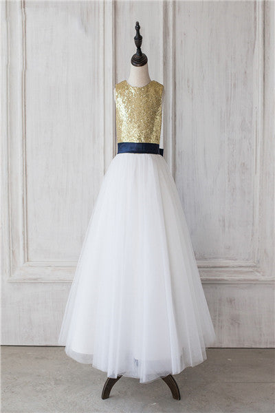 Gold Sequins A Line Lond Flower Girl Dress with Bow