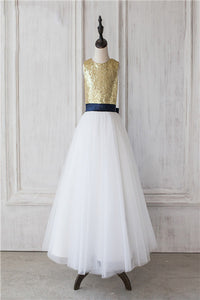 Gold Sequins A Line Lond Flower Girl Dress with Bow