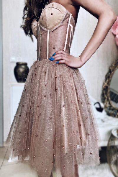 Sparkly Beaded Strapless Dusty Rose Homecoming Dress