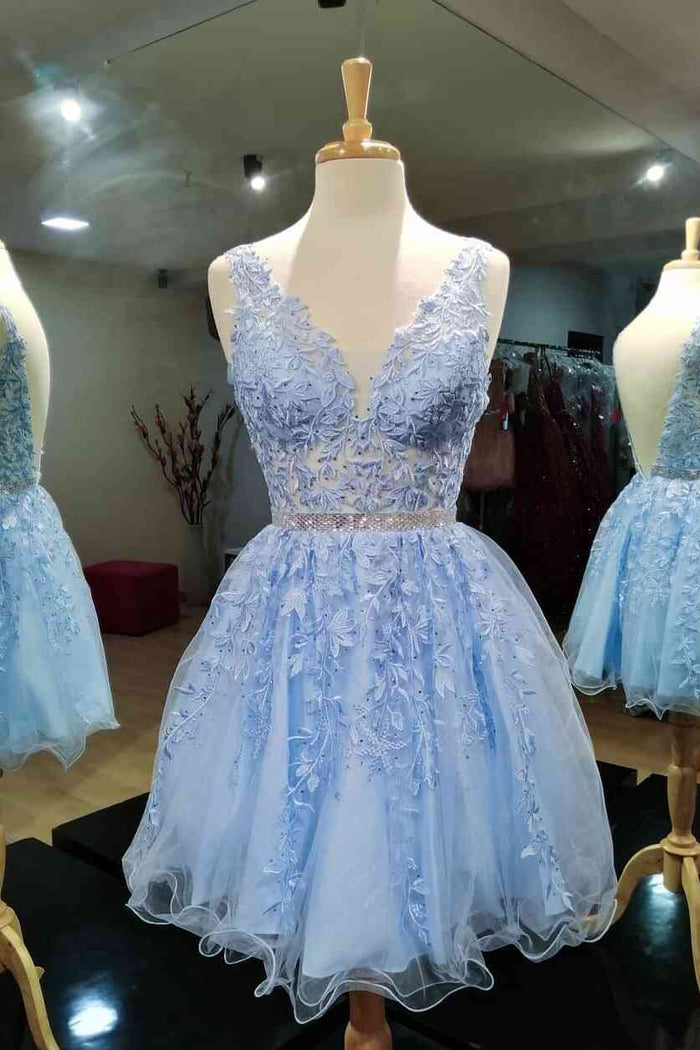 Backless Light Blue Lace Applique Short Homecoming Dress