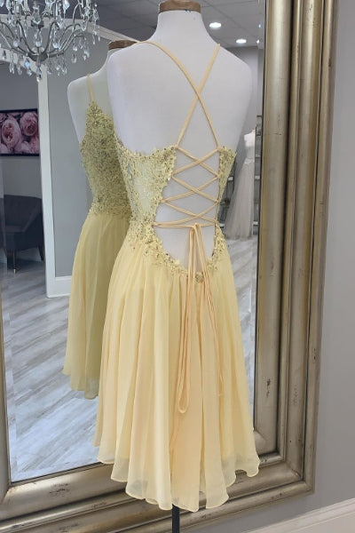 V-Neck Yellow beaded Lace Applique Homecoming Dress