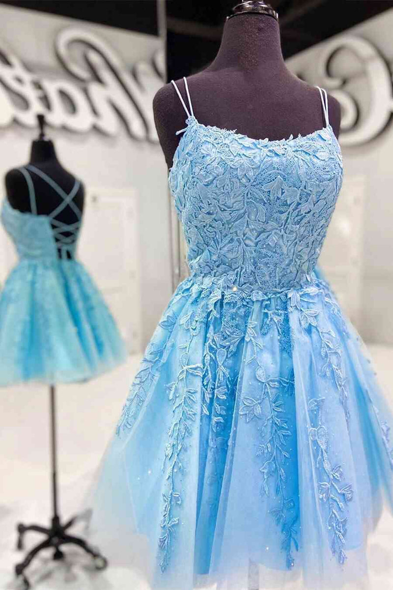 Straps Lace Applique Blue Homecoming Dress