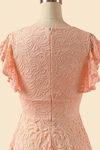 A-Line V-Neck Lace Peach Pink Bridesmaid Dress