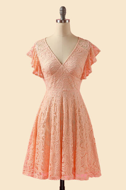 A-Line V-Neck Lace Peach Pink Bridesmaid Dress