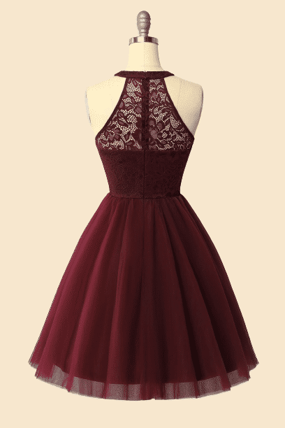 Halter Lace Wine Red Short Bridesmaid Dress