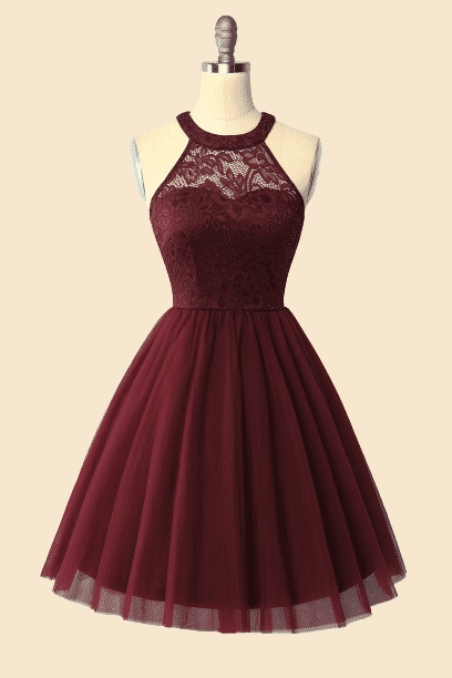 Halter Lace Wine Red Short Bridesmaid Dress – Dreamdressy
