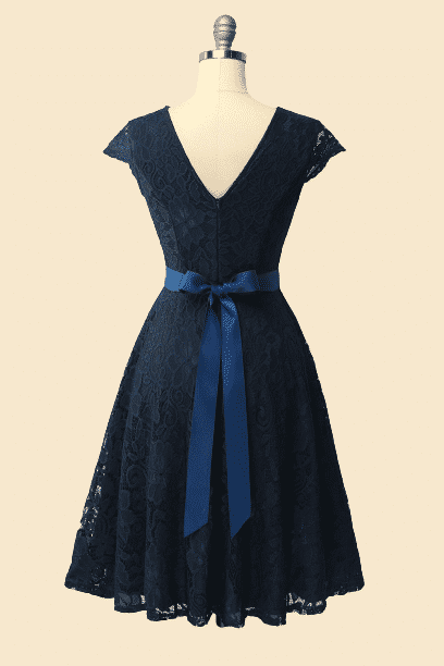 A-Line Cap Sleeve Navy Blue Bridesmaid Dress with Belt