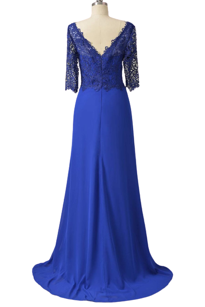 Long Pleated Lace Royal Blue Mother of Bridal Dress with Train