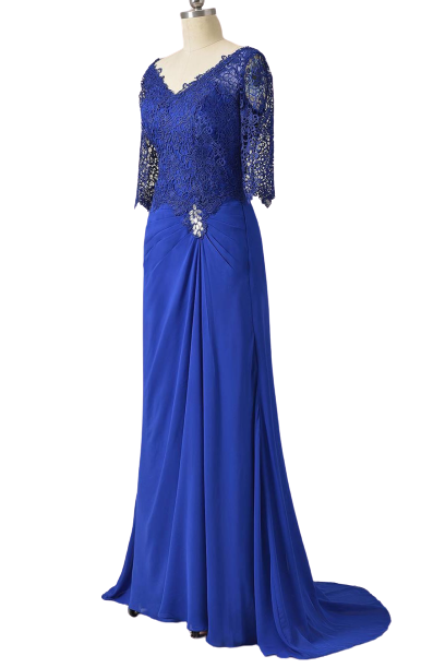 Long Pleated Lace Royal Blue Mother of Bridal Dress with Train