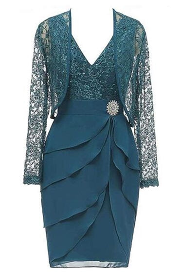 Lace Ruffle Teal Mother of Bride Dress with Jacket