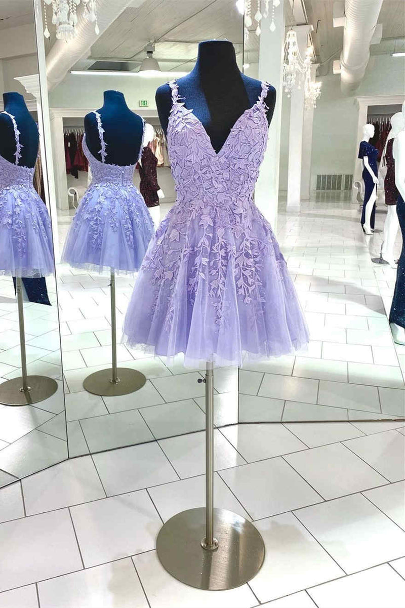 V-Neck Lace Appliques Lavender Short Homecoming Dress