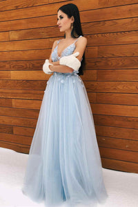 A-Line Light Blue Tulle Prom Dress with Flowers