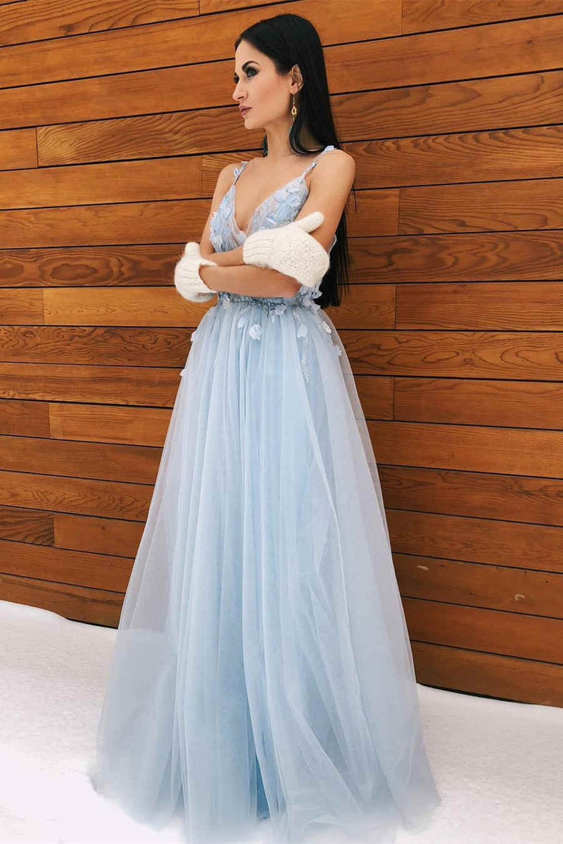 A-Line Light Blue Tulle Prom Dress with Flowers