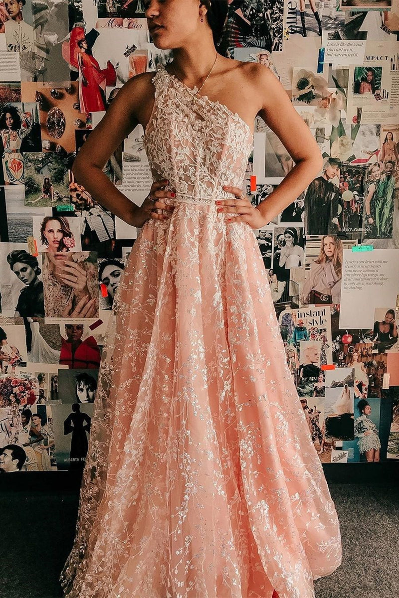 One Shoulder Appliqued Pink Prom Dress with Slit