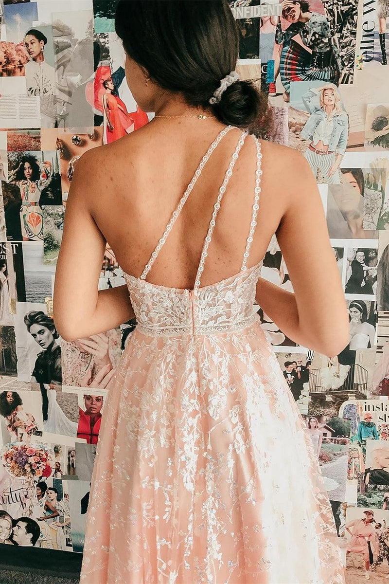 One Shoulder Appliqued Pink Prom Dress with Slit