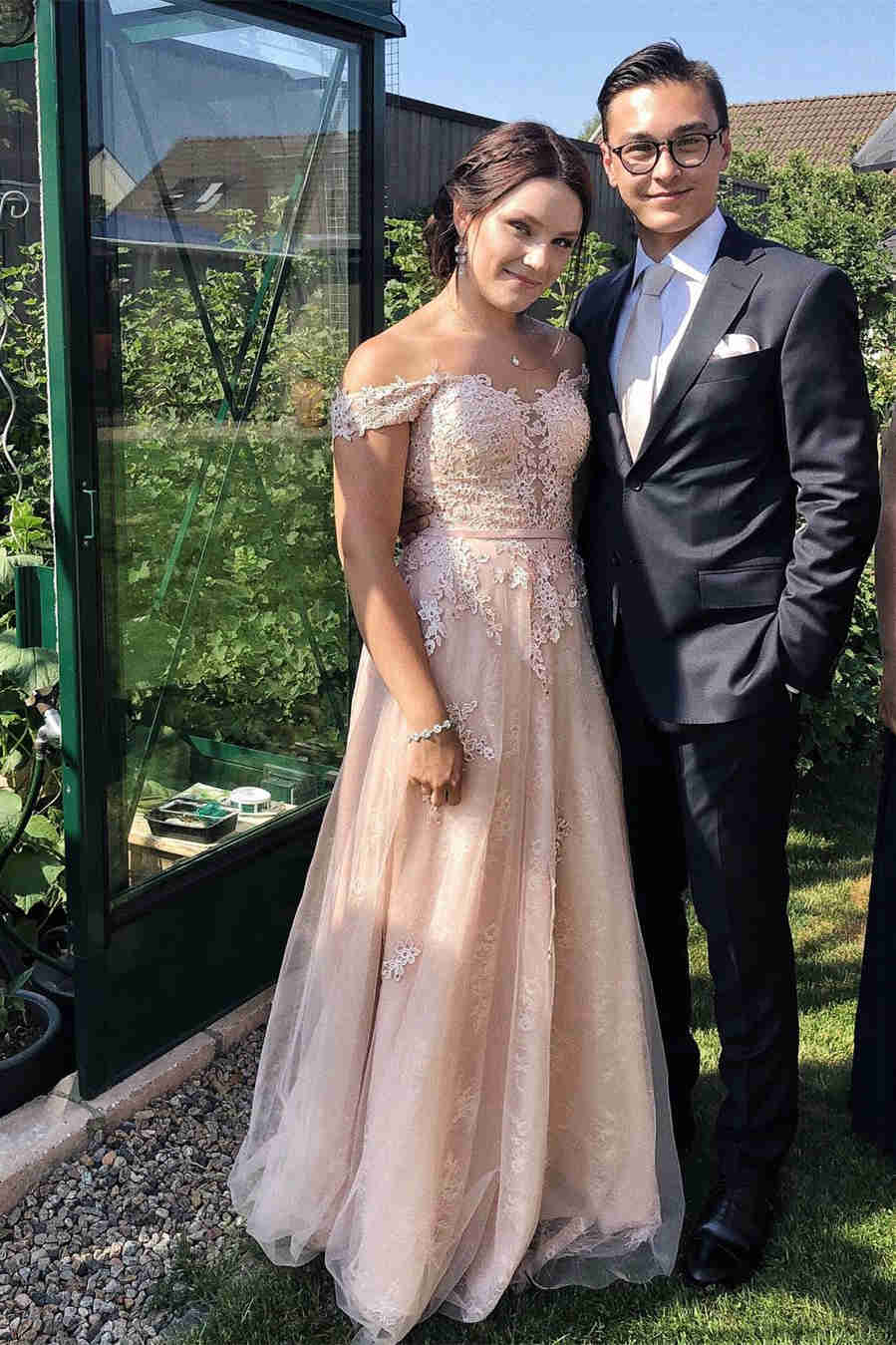 A-Line Off the Shoulder Pink Long Prom Dress with Appliques