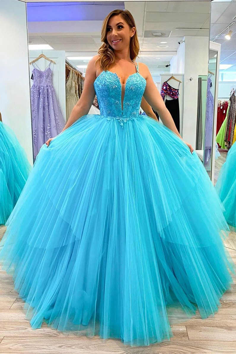 A-Line Lace Appliques Blue Prom Dress