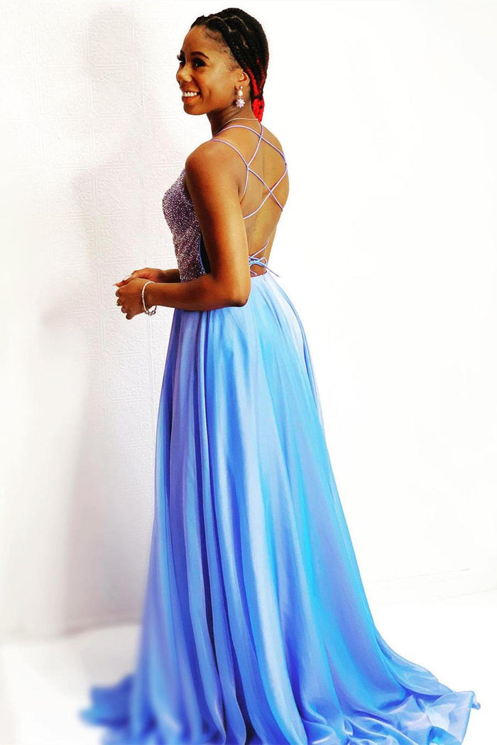 Straps Beaded Top Sky Blue Long Prom Dress