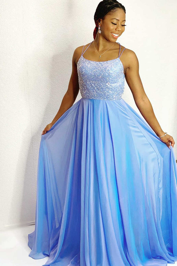 Straps Beaded Top Sky Blue Long Prom Dress