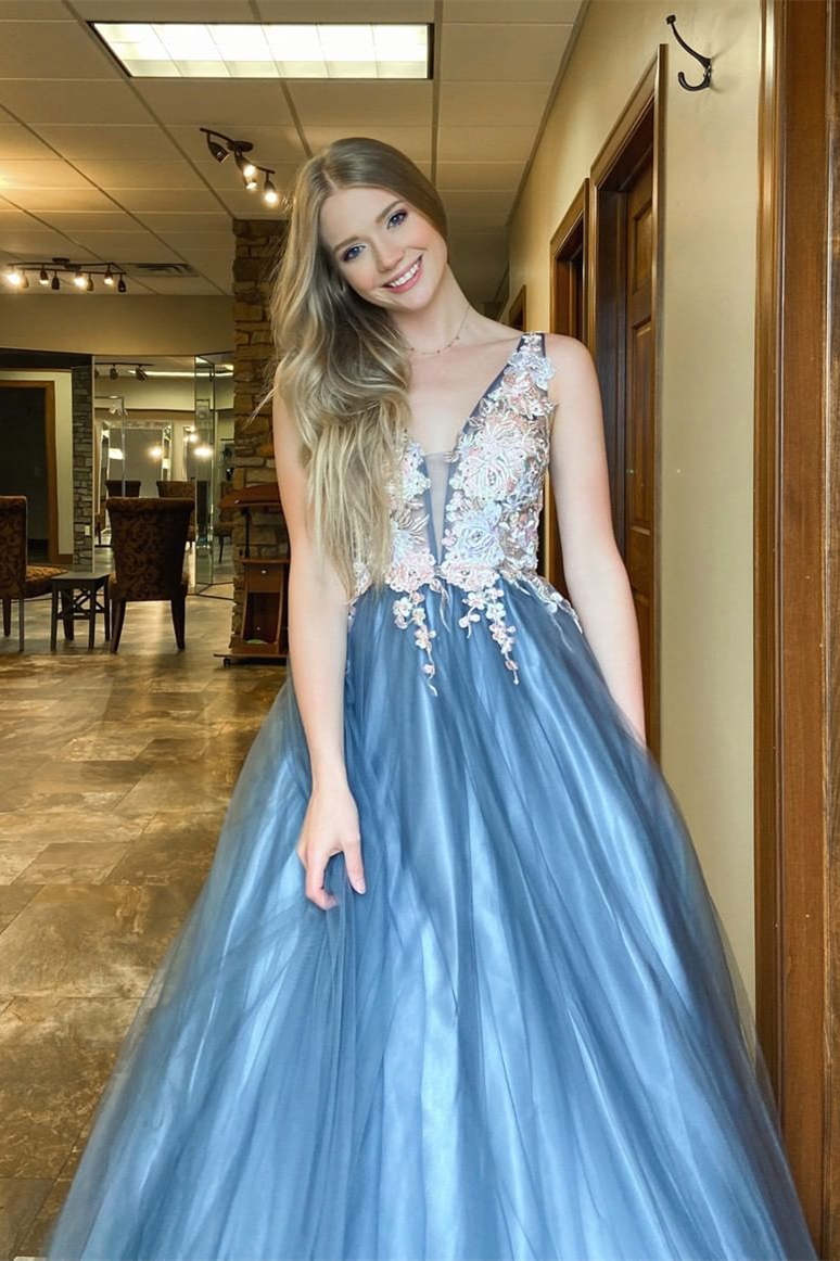 V-Neck Appliquess Dusty Blue Long Prom Dress