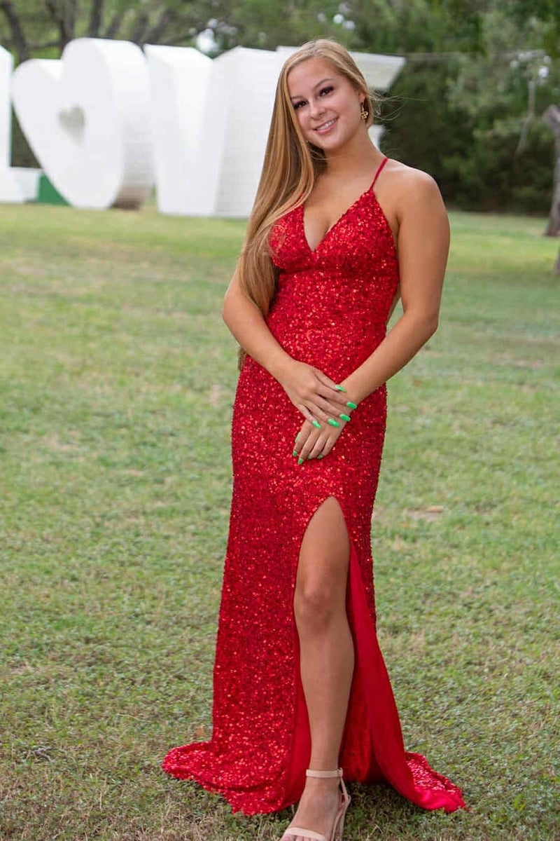 Straps Red Sqeuins Long Prom Dress with Slit