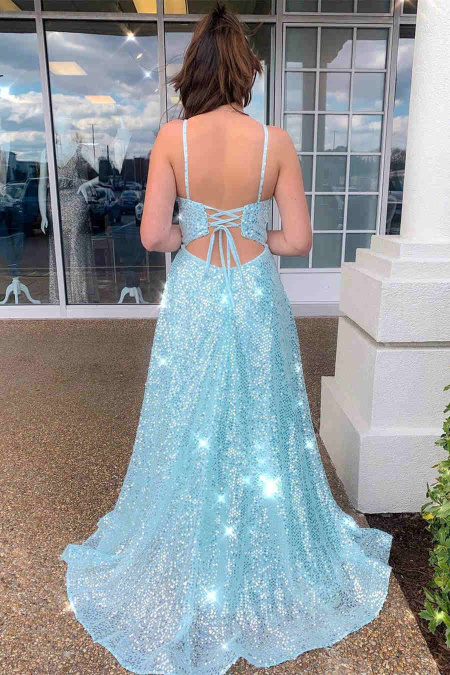 Light Blue Side Slit Long Prom Dress with Sequins