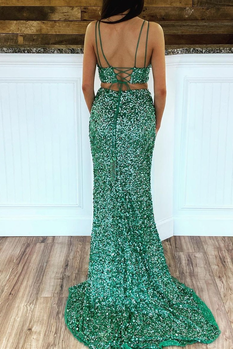 Glitter Two Piece Green Sequins Mermaid Prom Dress