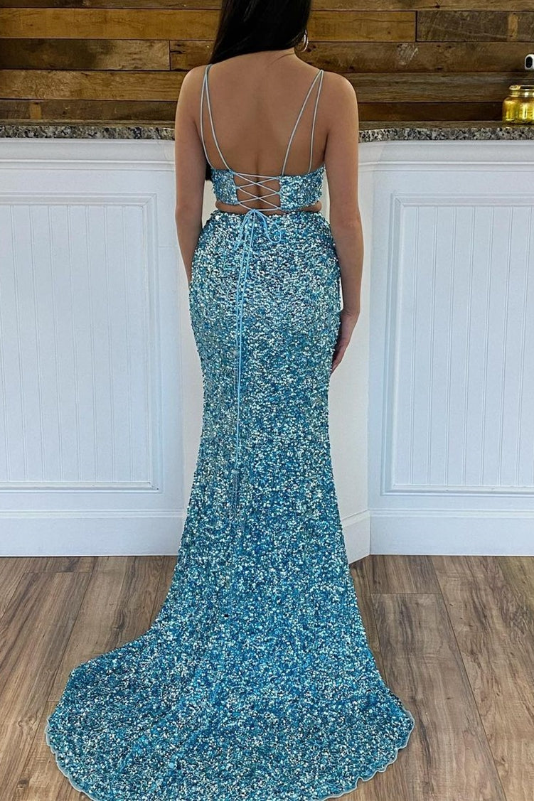 Glitter Two Piece Green Sequins Mermaid Prom Dress