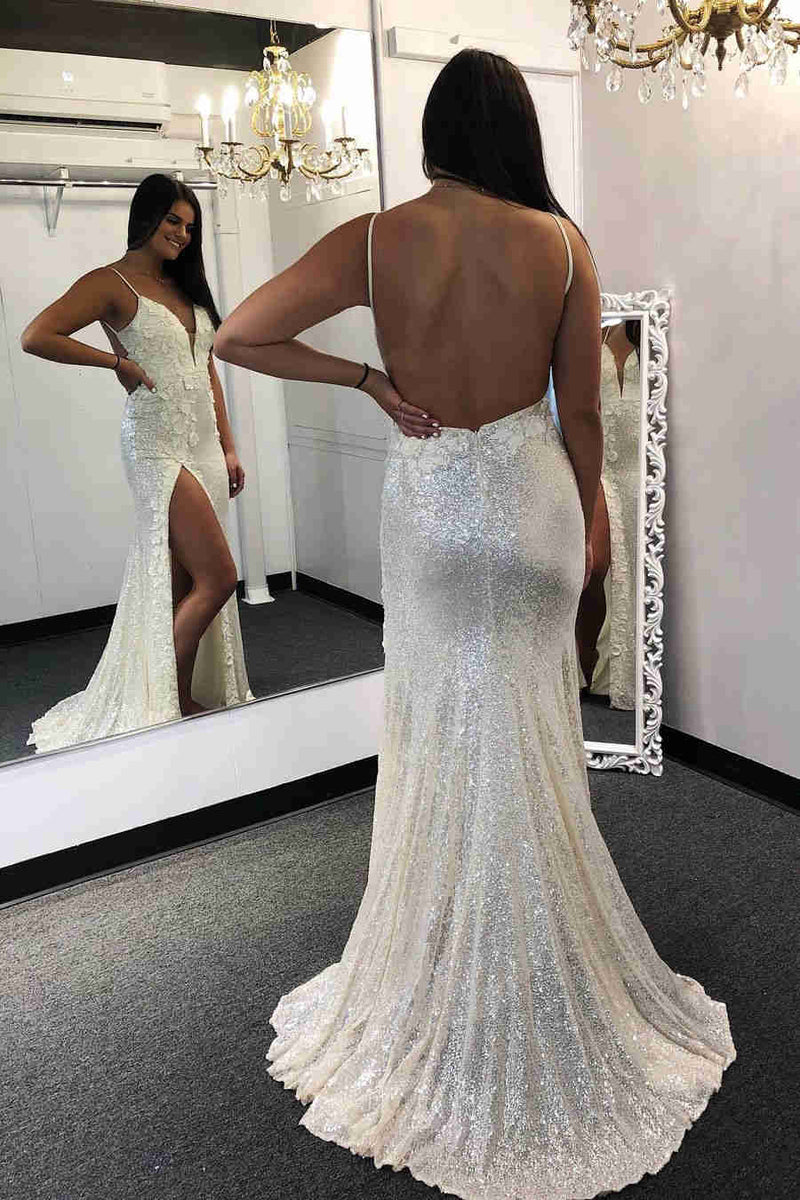 Glitter Backless Appliqued White Prom Dress with Slit