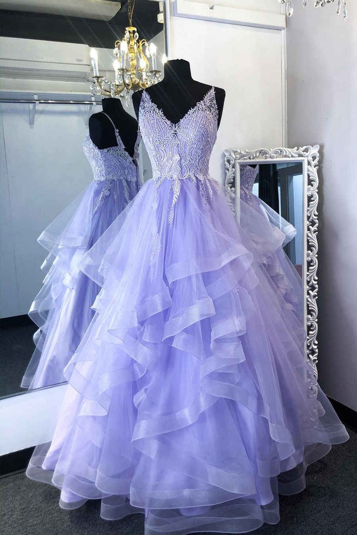 V-Neck Lace Appliques Long Prom Dress with Ruffles